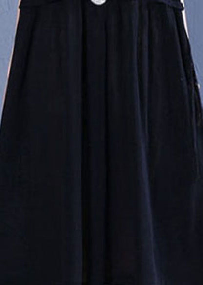 French Black Wrinkled Patchwork Linen Holiday Dress Sleeveless