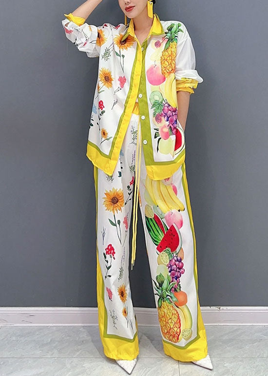 Yellow Fruit Print Button Shirts and Wide Leg Pants Two Piece Set Spring