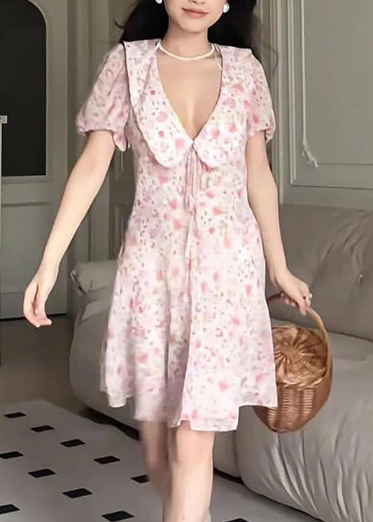 Pink Print Lace Up Cotton Mid Dress Summer