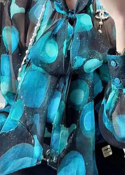 Blue Bow Print Patchwork Chiffon Blouse Tops Fall