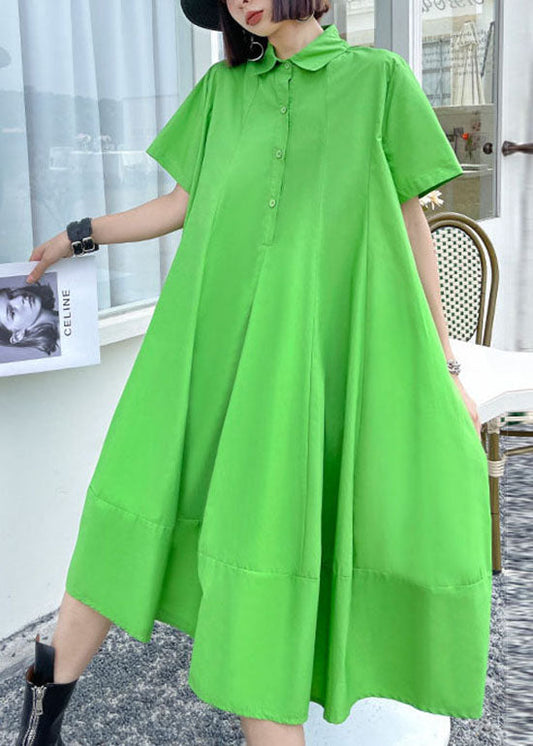 Green Button Peter Pan Collar a Line Dress Short Sleeve