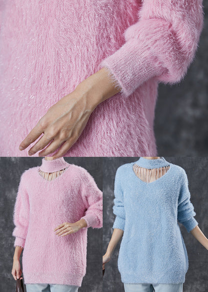 Blue Mink Hair Knitted Sweater Tops Tasseled Hollow Out Winter