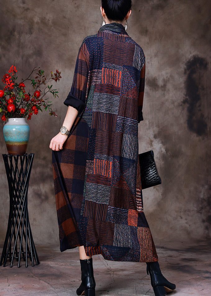 Chocolate Turtleneck Plaid Patchwork Velour Maxi Dress Long Sleeve