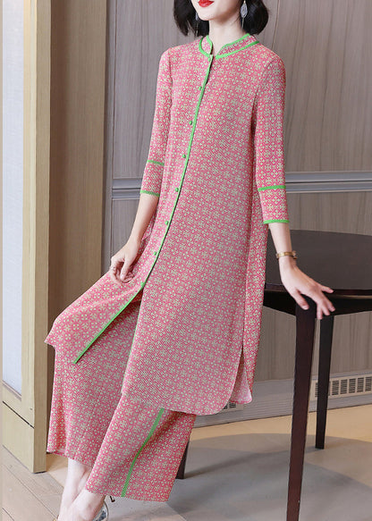Pink Stand Collar Top and Crop Pants Two Piece Set Fall