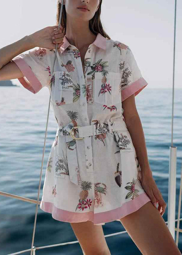 Pink Peter Pan Collar Button Shirts and Shorts Two Pieces Set Summer