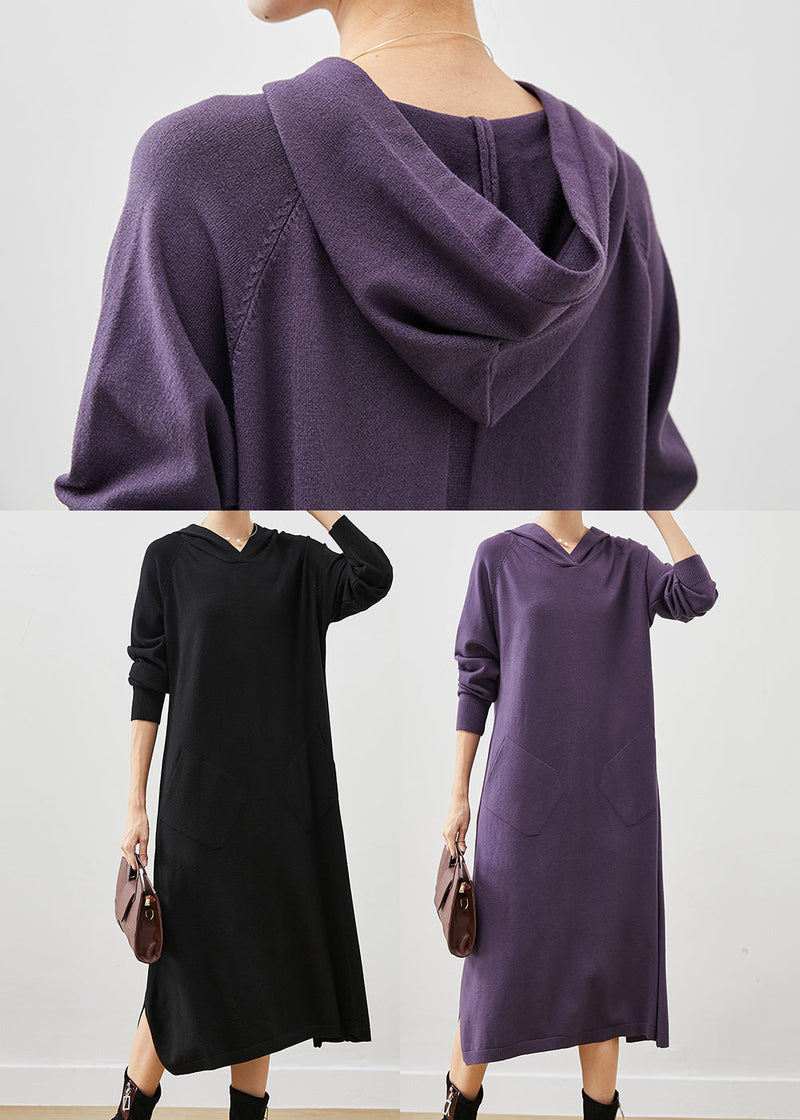 Dull Purple Hooded Side Open Knit Dress Spring