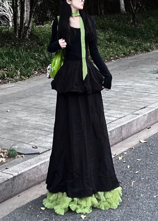 Slim Fit Black O Neck High Waist Cotton Long Dress Spring
