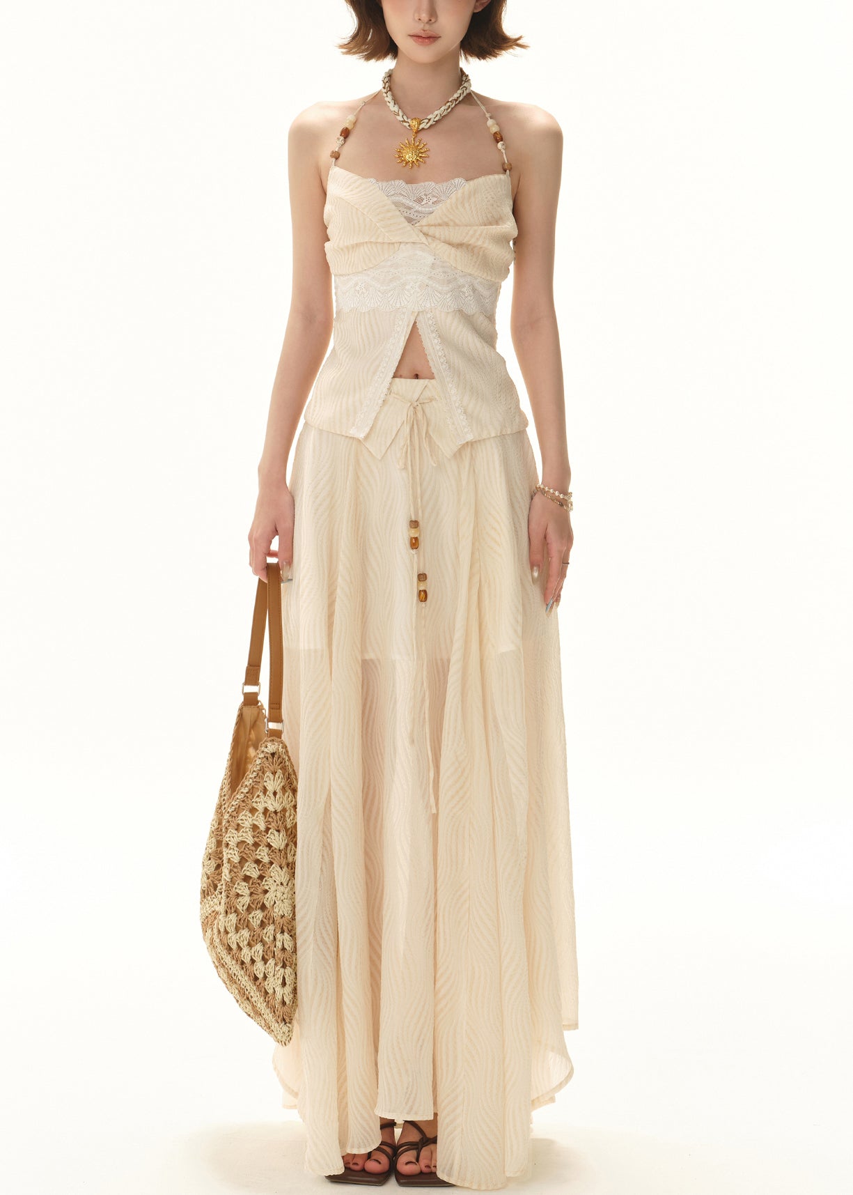 Apricot Lace Tops and Skirts Patchwork Two Pieces Set Sleeveless