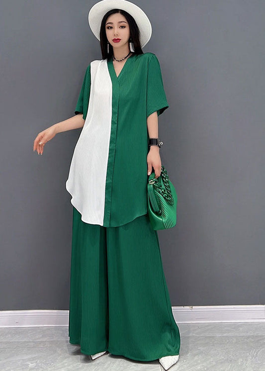 Green Patchwork Chiffon Tops and Wide Leg Pants Two Pieces Set V Neck Tie Waist Summer