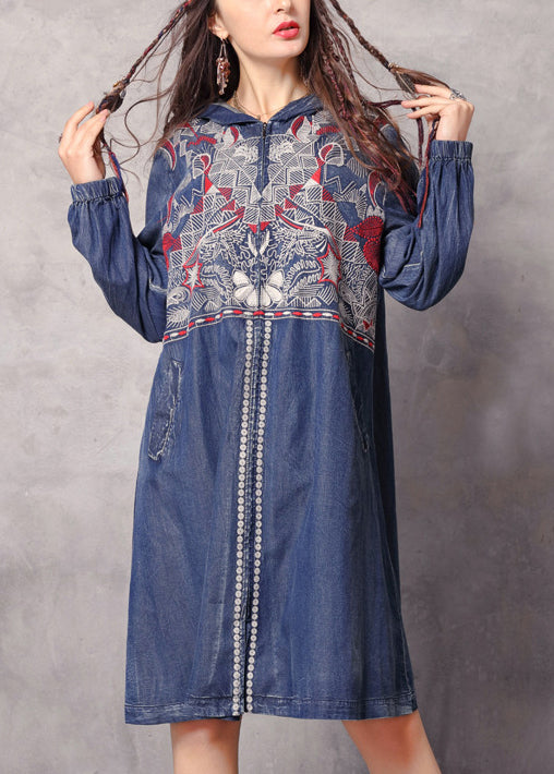 Boutique Blue Zippered Hooded Embroideried Pockets Denim Trench Coats Spring
