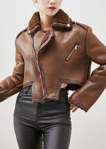 Brown Asymmetrical Zippered Faux Fur Coat Outwear Winter