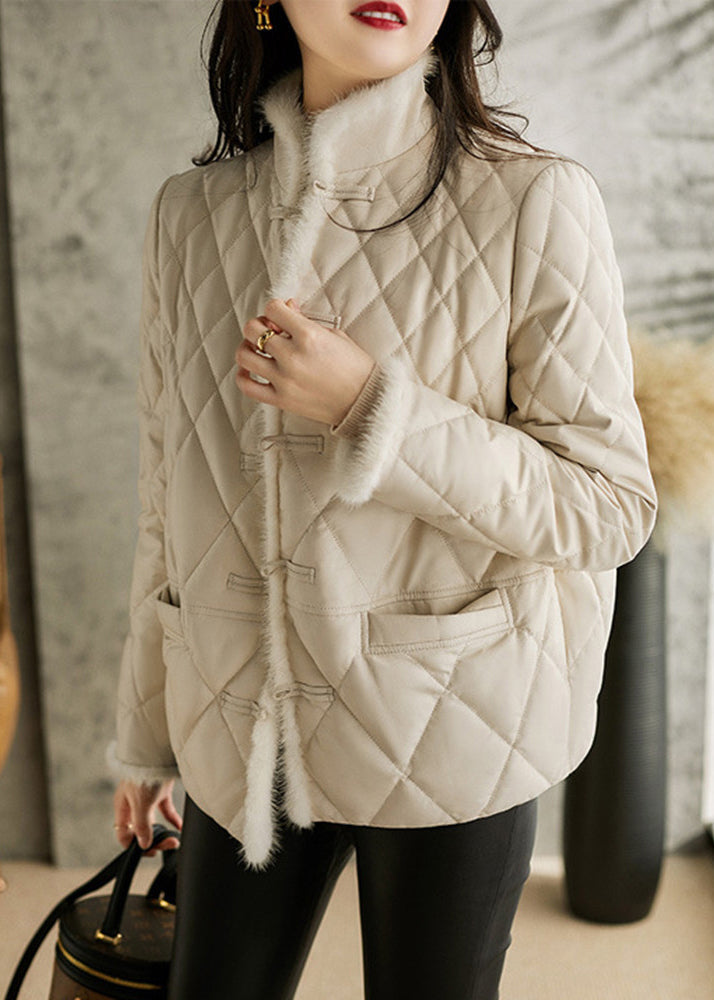 White Stand Collar Button Pockets Sheepskin Down Coat Long Sleeve