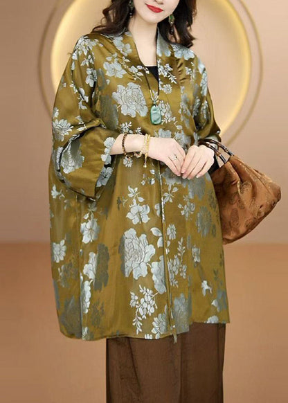 Green V Neck Button Print Silk Shirts Top Fall