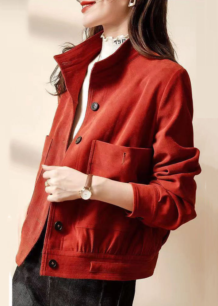 Red Button Pockets Patchwork Cotton Coats Long Sleeve