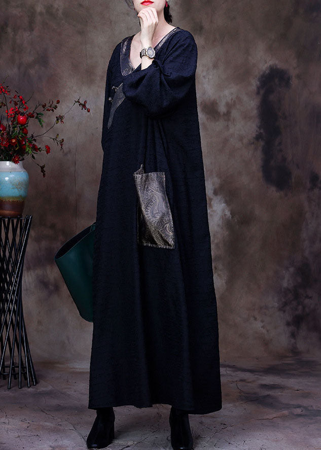 Black Patchwork Pocket Wrinkled Oriental Button Silk Dress Long Sleeve