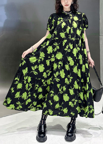Green Print Wrinkled Patchwork Cotton Long Dresses Summer