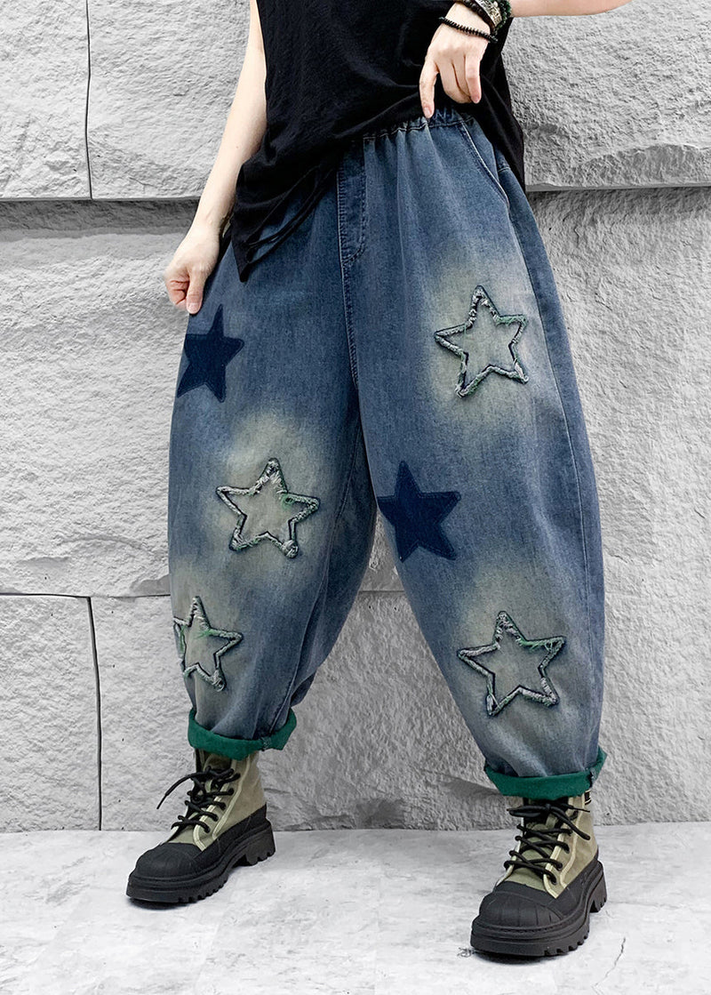 Blue Five Pointed Star Patch Elastic Waist Denim Harlan Pants Spring
