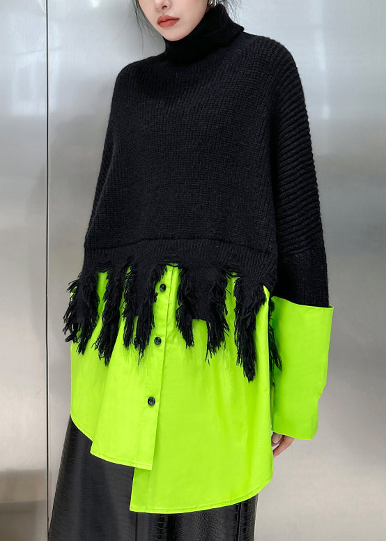 Black Turtleneck Asymmetrical Patchwork Knit Sweater Winter
