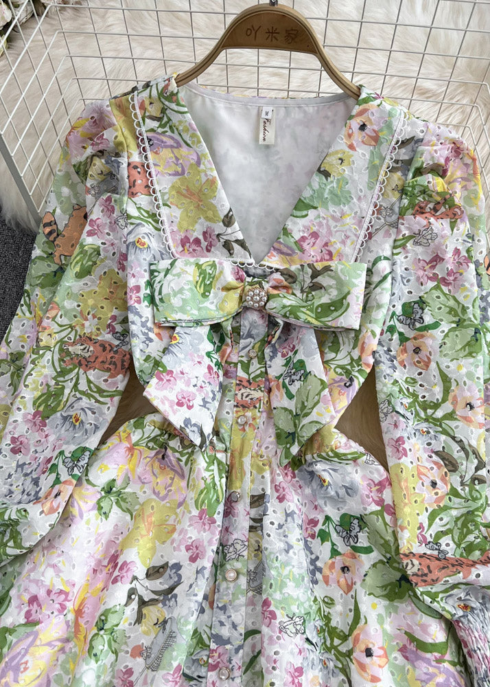 Green V Neck Print Tunic Bow Mid Dresses Long Sleeve