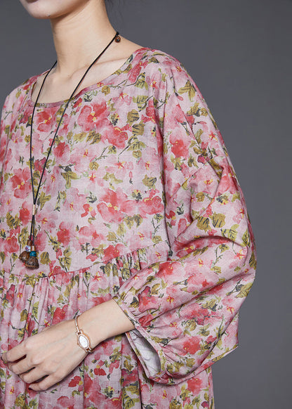 Red Oversized Print Linen Dresses Spring