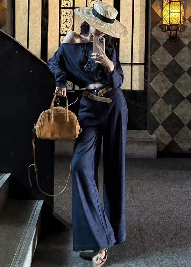 Navy One Shoulder Denim Two Piece Suit Set Summer
