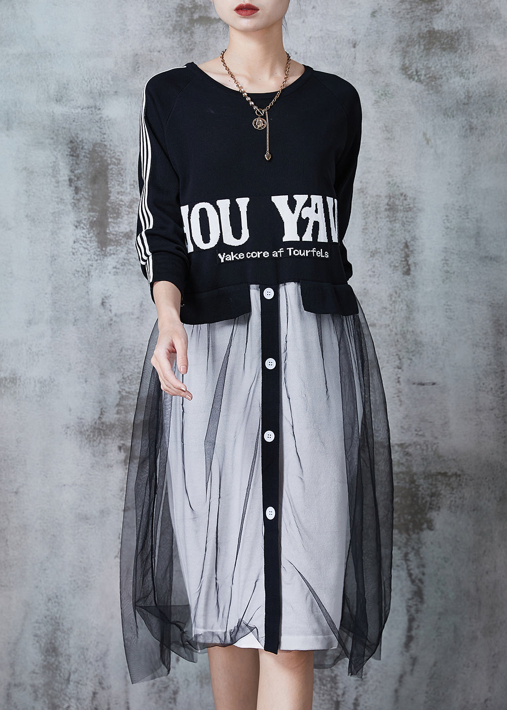 Black Letter Patchwork Tulle Vacation Dresses Summer