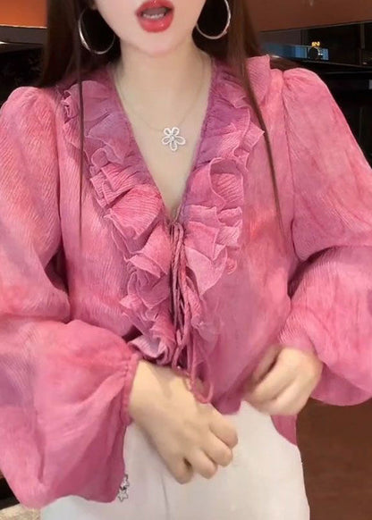 French Pink Tie Lace Top Lantern Sleeve