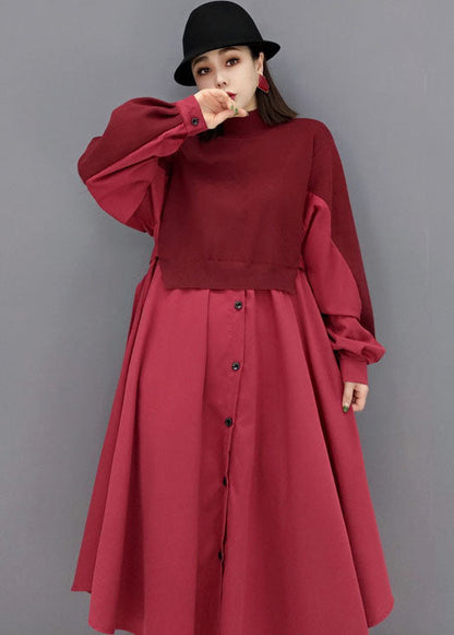 Red Patchwork Knit Cotton Long Dresses Color Button Long Sleeve
