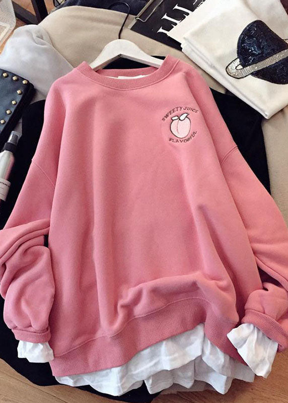 Pink O-neck Print Patchwork Fleece Sweatshirt Winter