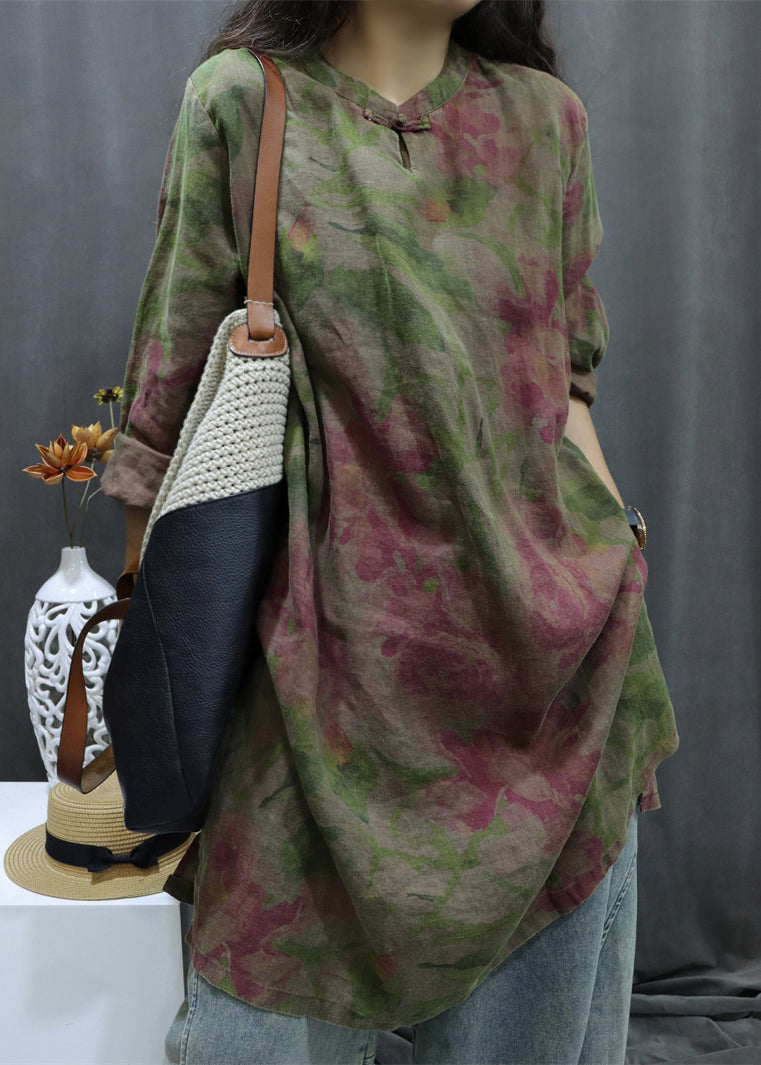 Black Print Button Linen Shirts Dress Bracelet Sleeve Fall