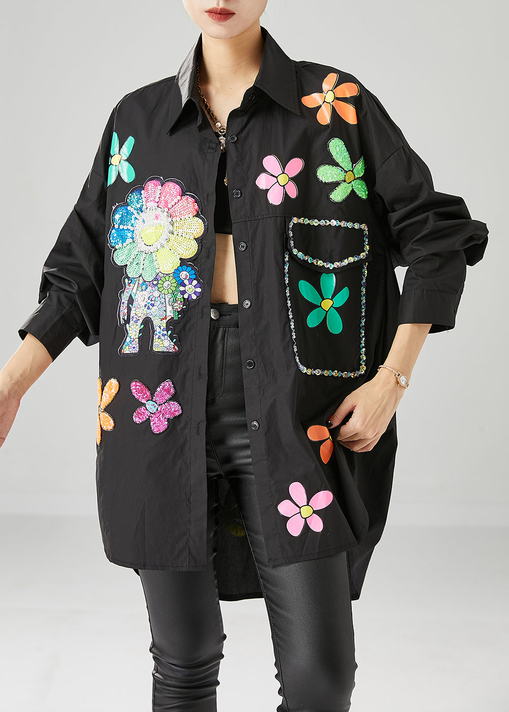 Black Oversized Sunflower Sequins Cotton Blouses Fall