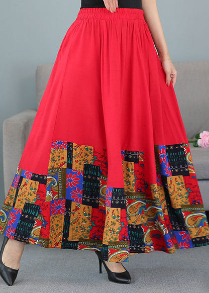 Black Print Elastic Waist Patchwork Cotton Skirts Fall