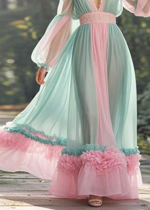 Green V Neck Ruffled Patchwork Chiffon Long Dress Spring