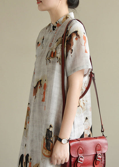 White Print Oriental Button Linen Dress Short Sleeve