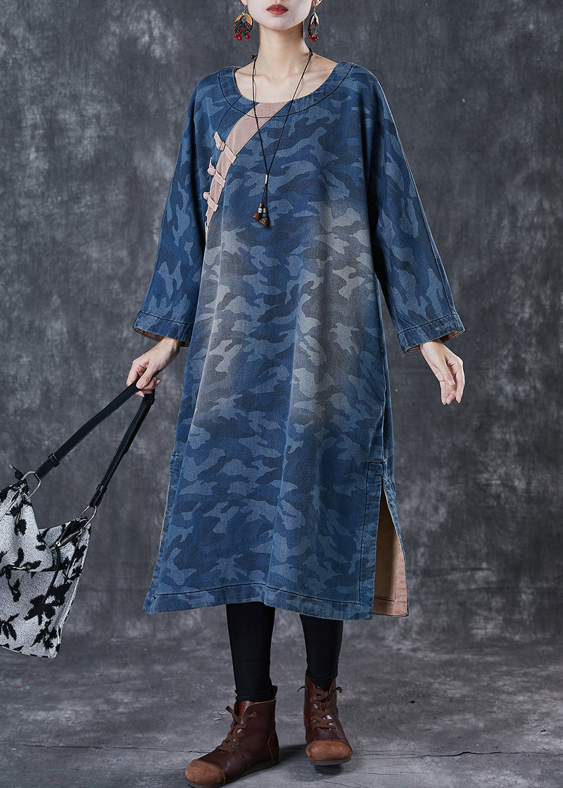 Blue Camouflage Print Chinese Button Denim Dress Spring