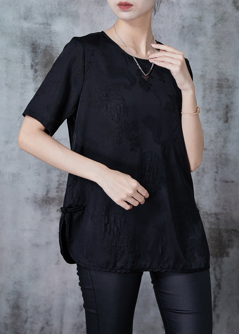 Black Jacquard Chinese Button Silk Tops Summer