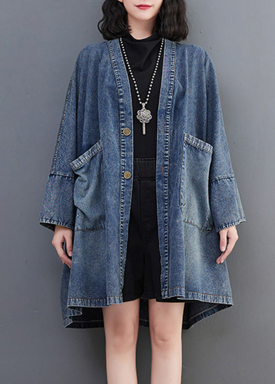 Blue V Neck Patchwork Button Trench Coats Spring