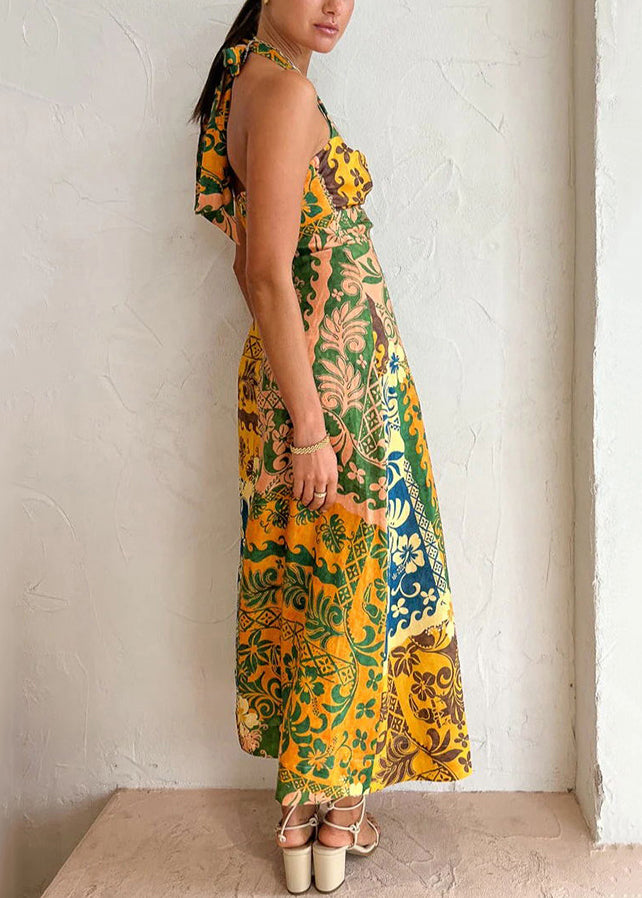 Colorblock Print Lace Up Linen Holiday Dress Sleeveless