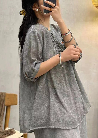 Grey Button Cotton Shirts Stand Collar Half Sleeve