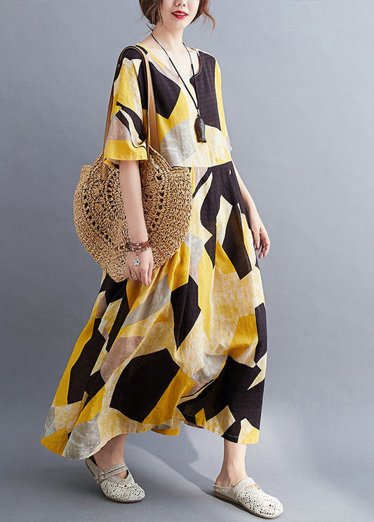 French Yellow O-neck Print Exra Large Hem Cotton Cinch Long Dress Short Sleeve