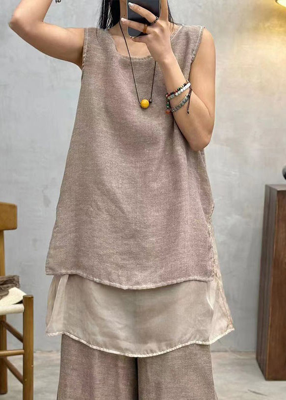 Coffee O Neck Patchwork Cotton Tops Sleeveless