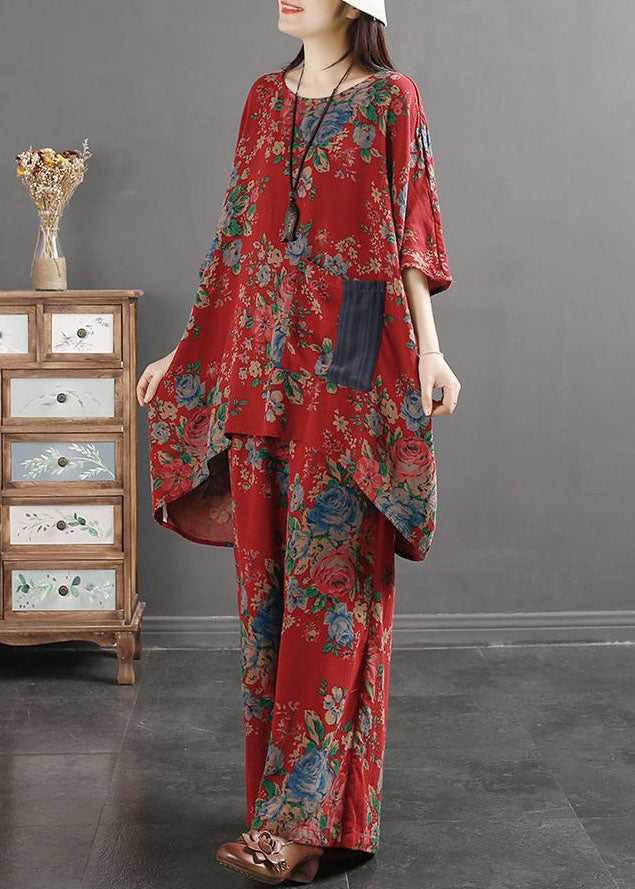 Red Print Pockets Patchwork Tops and Pants Cotton Two Pieces Set Summer