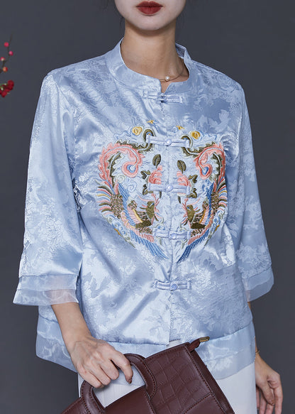 Blue Embroidered Patchwork Oriental Silk Blouses Spring