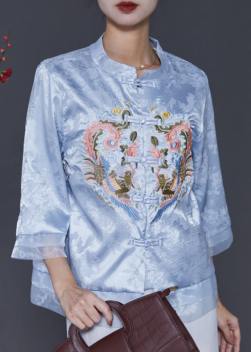 Blue Embroidered Patchwork Oriental Silk Blouses Spring