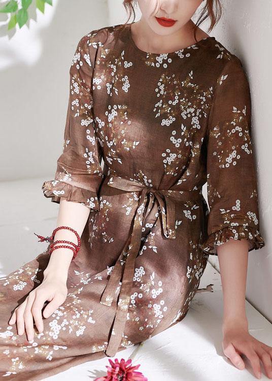 Chocolate Ruffled Patchwork Print Summer Ramie Dress Half Sleeve
