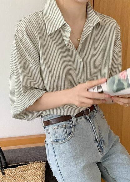 Grey Striped Peter Pan Collar Button Cotton Blouses Summer