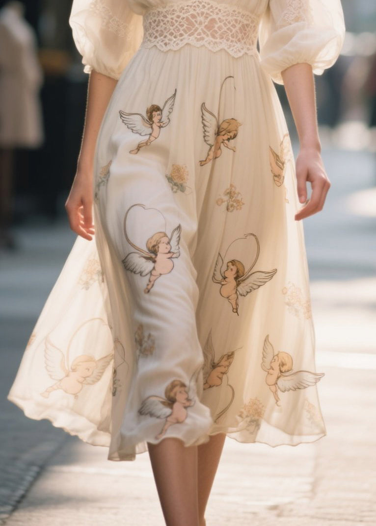 Apricot Print Lace Patchwork Chiffon Dress Summer