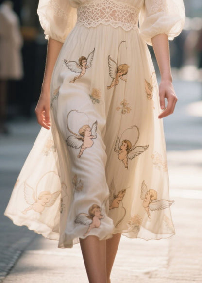 Apricot Print Lace Patchwork Chiffon Dress Summer