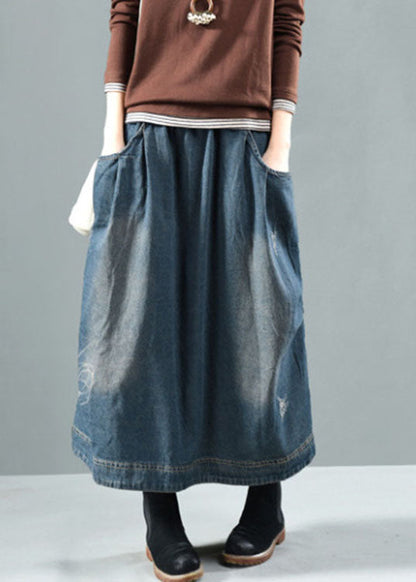 Blue Elastic Waist Pockets Patchwork Fall Denim Skirt