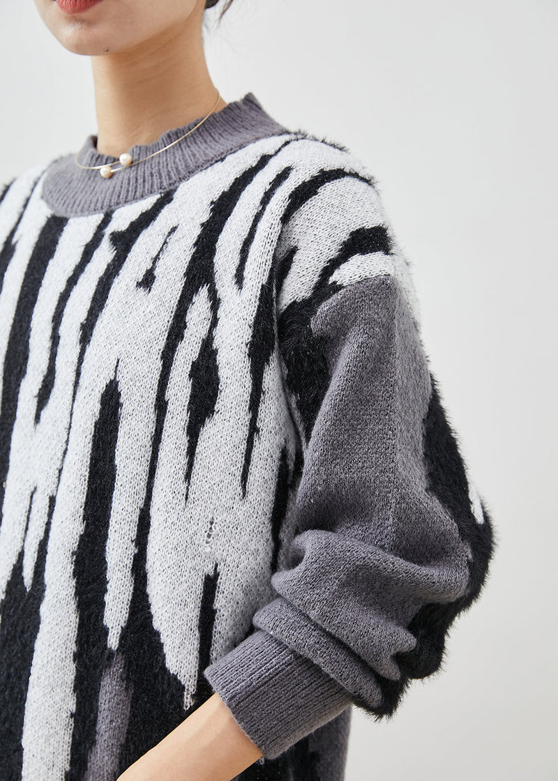 Diy Grey Oversized Jacquard Knit Pullover Winter